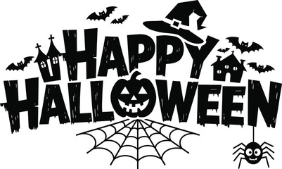 Happy Halloween typography with Pumpkin, Bats, Spider Web, vector illustration