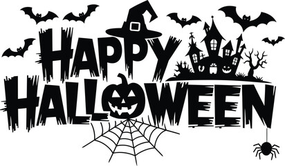 Happy Halloween typography with Pumpkin, Bats, Spider Web, vector illustration