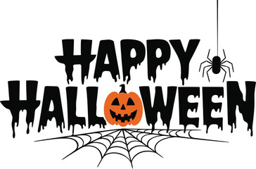 Happy Halloween typography with Pumpkin, Bats, Spider Web, vector illustration