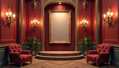 Elegant gallery setting with red walls and two chairs on stage  