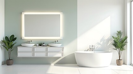 A spacious bathroom with a bathtub and double vanity