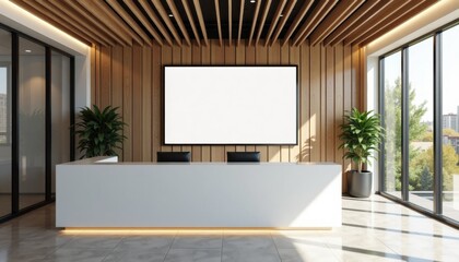 Modern office reception area with large screen and plants  