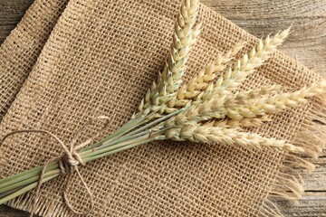 Bunch of wheat spikes on wooden table, top view