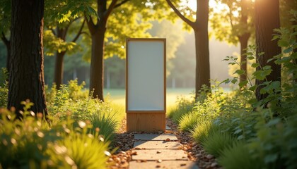 Wooden signboard in sunlit park pathway surrounded by green trees  