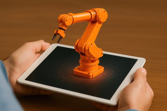 Orange robotic arm hologram displayed on white tablet held by hands industrial technology