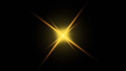 Golden Light Flare, Bright Starburst on Black Background, Overlay Effect