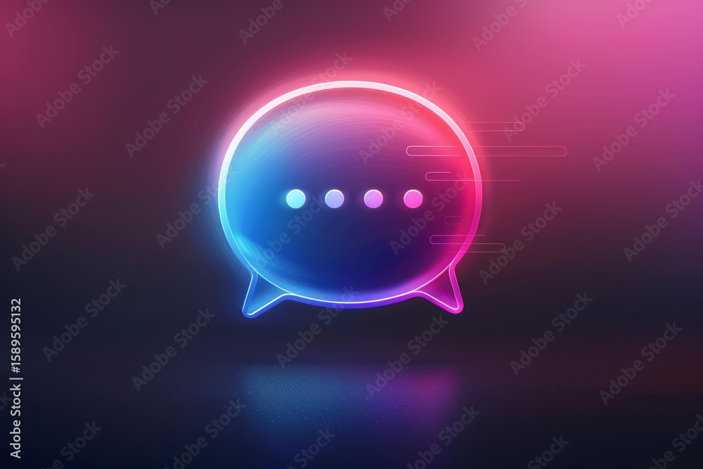 Poster glowing speech bubble with loading dots is floating on a dark purple background