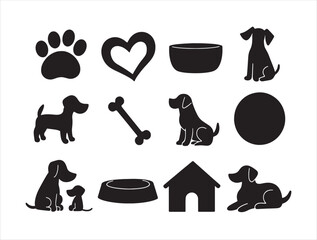 Vector silhouette icon set featuring various dog-related elements like paw prints, bones and bowls.