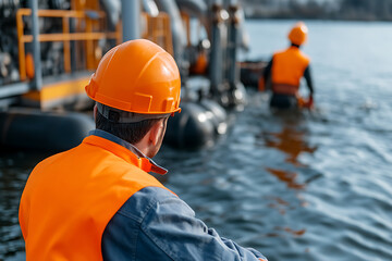 Construction workers in safety gear inspecting a pipeline in water, showcasing infrastructure maintenance and occupational safety measures.