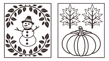 Snowman and pumpkin fall winter seasonal icons leaves wreath