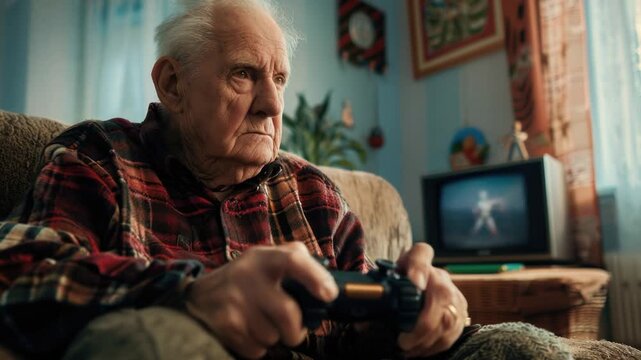 A senior citizen enjoying a gaming session with a vintage video game controller