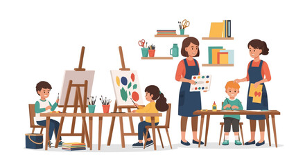 Children paint and craft in a vibrant art class, guided by attentive teachers.