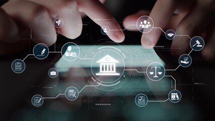 Futuristic digital law interface displaying justice scale, highlighting digital law, AI compliance,...