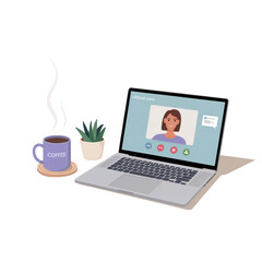 Vector illustration of a laptop with a video call interface, a coffee mug and plant on the desk. Concept of remote work, online meetings, modern digital lifestyle.
