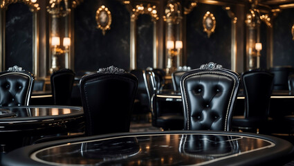 Elegant High Stakes Poker Room with Black Leather Chairs and Marble Tables a Luxurious Casino