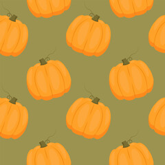Autumn pumpkins seamless pattern on olive green background. Square repeat pattern for fall season.
