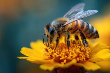 A honeybee gathering nectar from a bright yellow flower. The bee's furry body is dusted with pollen, and its delicate wings are spread as it feeds