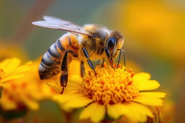 Fototapeta premium A honeybee gathering nectar from a bright yellow flower. The bee's furry body is dusted with pollen, and its delicate wings are spread as it feeds