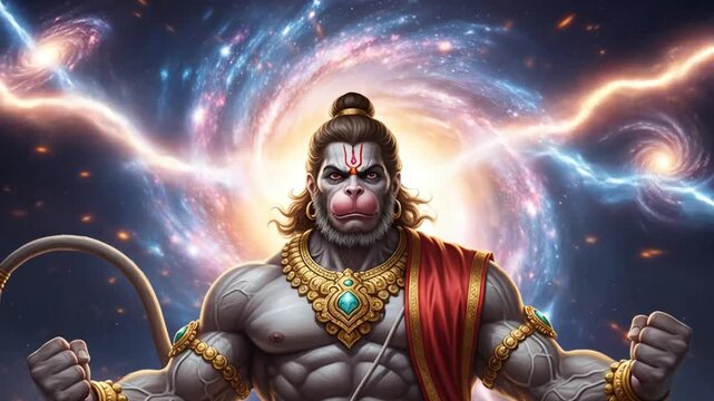 Epic portrayal of cosmic hanuman, guardian of devotion and strength, blending mythology with
