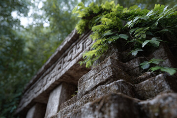 Ancient stone architecture peeks through lush greenery, evoking themes of exploration, history, natures resilience, and forgotten worlds. Ideal for travel, mystery, or environmental projects.