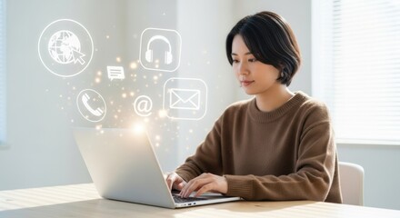 A woman working on a laptop with communication icons displayed