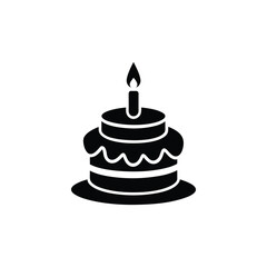 Black silhouette of a two-tier birthday cake with a lit candle isolated on a white background