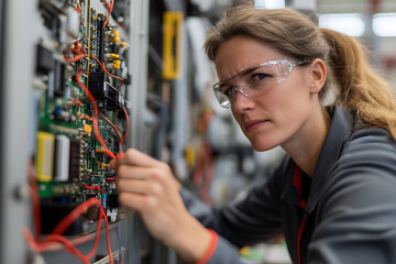Female technician troubleshooting complex electrical circuit. Engineering expertise for technology maintenance and repair. Safety first with protective glasses.
