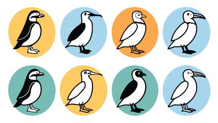 Naklejka premium Eight Cartoon Bird Silhouettes Black White Yellow Orange Teal