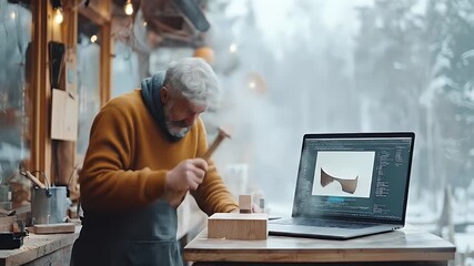Woodworker shaping wood pieces, alongside digital design. - Powered by Adobe