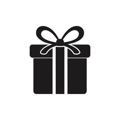 Simple black gift box with a ribbon and bow isolated on a white background