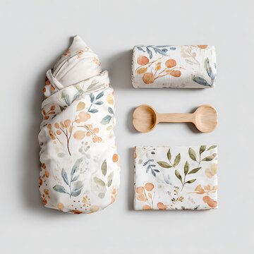 Baby swaddle set with botanical print and wooden toy