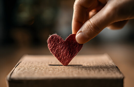 Naklejki Female hand putting red paper heart donation box slot. Charity, help, love, gratitude, election, giving concepts. Support, kindness, compassion, contribution, caring, generosity, humanitarian causes,