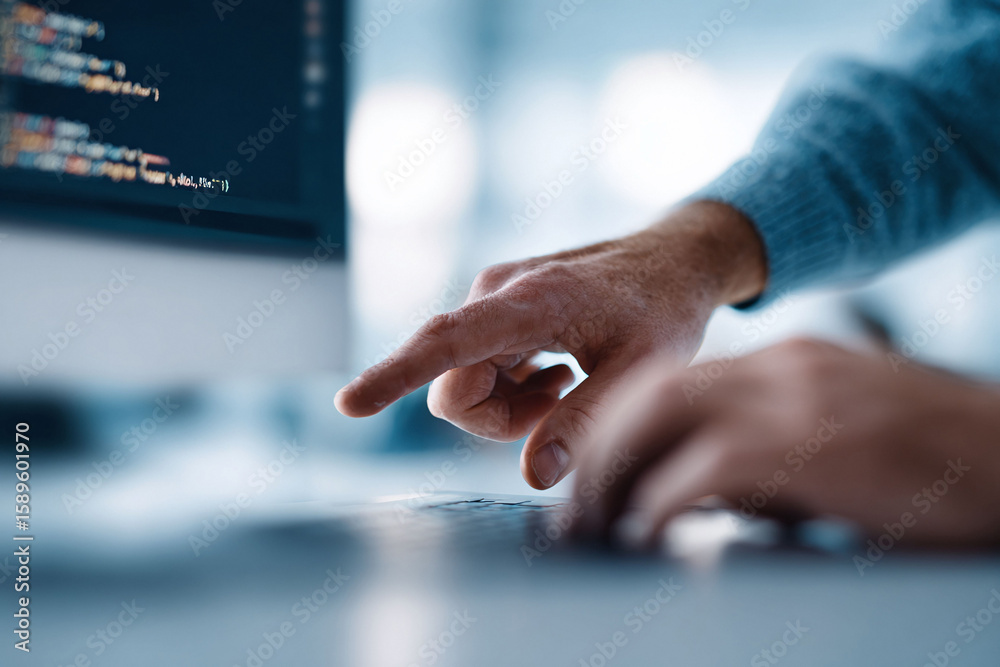 Poster closeup shot of hands coding on a computer. finger pointing, typing, focused. could represent progra