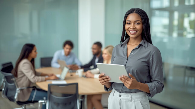 Smile, boardroom and portrait of a black woman with a tablet for training, meeting or teamwork. Happy, business and a corporate employee. professional Black woman with braided hair