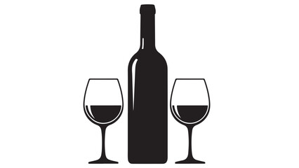 Wine Bottle and Glasses Illustration, Black and White Vector Design Element