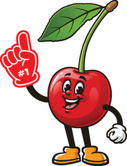 Cartoon character of a cherry holding a giant foam finger