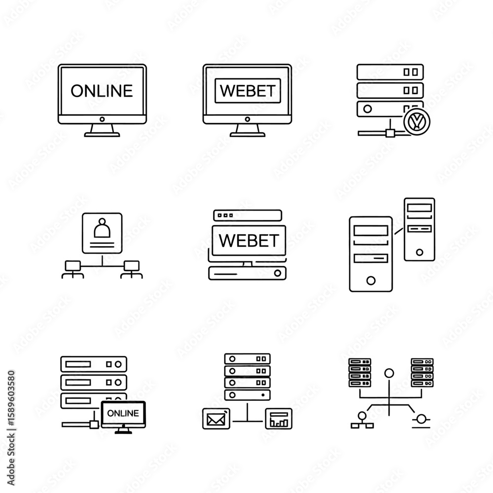 Fototapete Vector art of computer and network icons showing servers and online connections