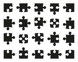 Naklejka premium Set of black pieces puzzle icons. Jigsaw puzzle pieces silhouette template. Jigsaw puzzle sample for concept illustrations. Flat puzzle isolated on white background.