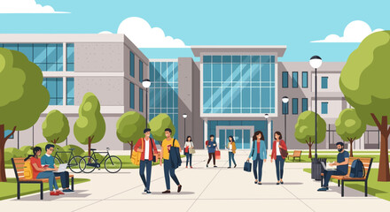 Students walking and sitting outside a modern university building on a sunny day.