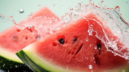 Watermelon with splashes of water on a green background close-up