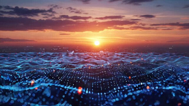 Digital Ocean at Sunset 4K Futuristic Landscape Animation