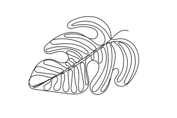 Tropical Plant Leaf Line Art. One Continuous Outline Contour Drawing. Summer Tropical Resort Rest vacation. Exotic Flower Branch Silhouette Design. Curve Wavy Shape Floral Botanical Symbol Line Art  