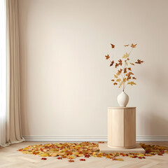 Minimalist Cream Tone Room with Wooden Pedestal and Autumn Leaves  