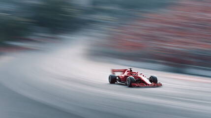 Motion blur captures a red formula racing car speeding on a track. Powerful vehicle symbolizes ambition, competition, and adrenaline. Ideal for automotive, sports, or business concepts.