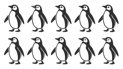 Fototapeta premium Ten Cartoon Penguin Silhouettes Black and White Vector Set