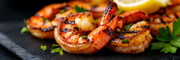 Grilled Shrimp with Lemon and Parsley: Succulent, flavorful shrimp grilled to perfection, garnished with fresh lemon and parsley. A delicious seafood delicacy.