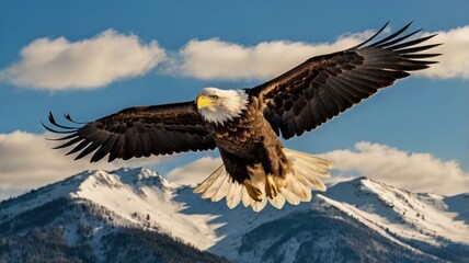 Majestic bald eagle soaring over snow-capped peaks