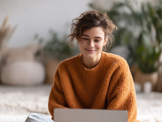 Cozy scene of a woman working or relaxing with a laptop at home. Natural light, soft focus, and warm tones evoke comfort, focus, and the ease of digital lifestyle.