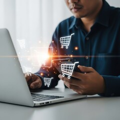 Online shopping is done with a phone and laptop