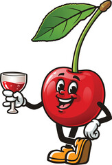 Cartoon character of a cherry holding a glass of drink